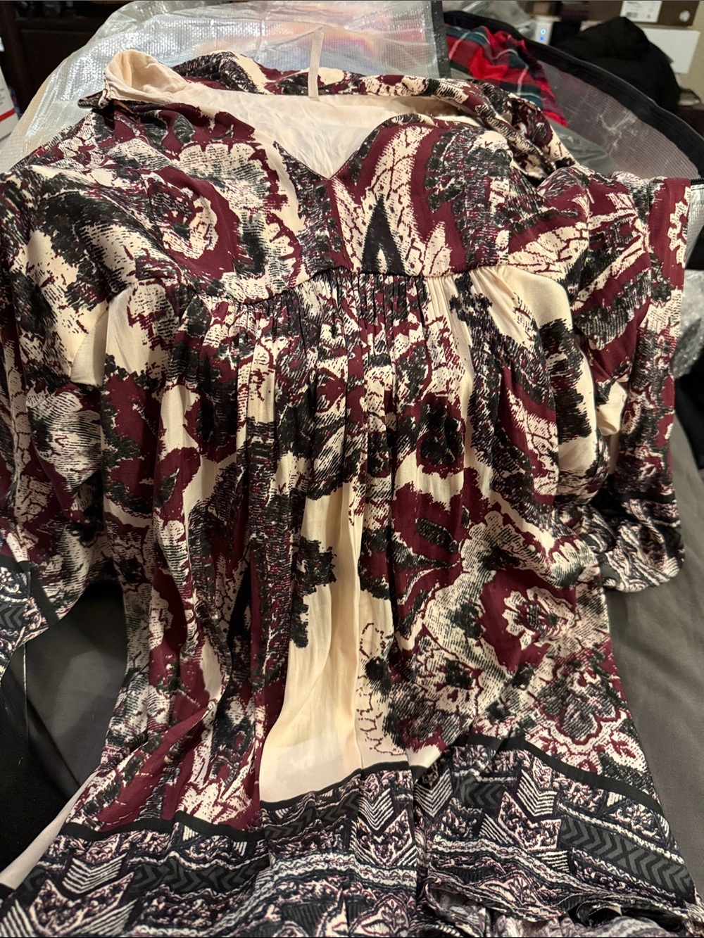 Free People Burgundy, Cream and Black Floral Long Sleeve Midi Dress